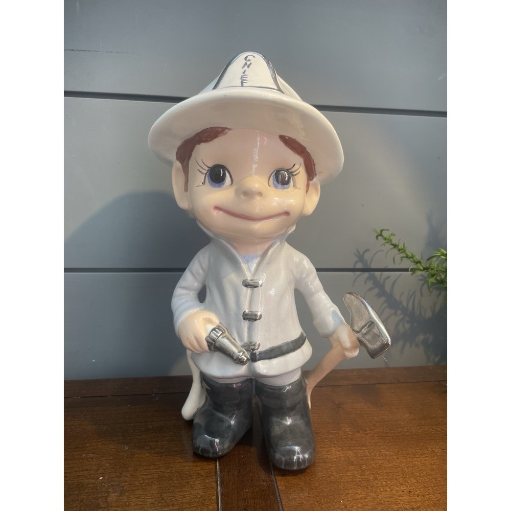 Vintage Fireman Smiley Boy Atlantic Mold Ceramic Figurine White Gear 1970s